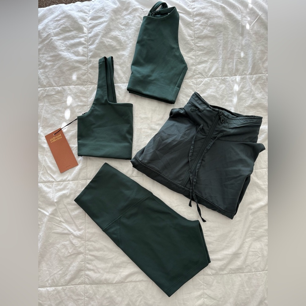 Girlfriend Collective Moss: shorts, bra, windbreaker Set